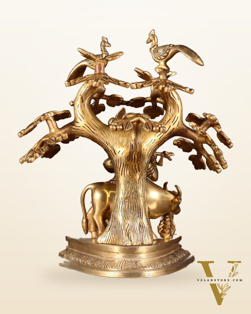 Pure Brass Superfine Lord Krishna with Cow, Peacock & Kadamba Tree – 11.5 Inch