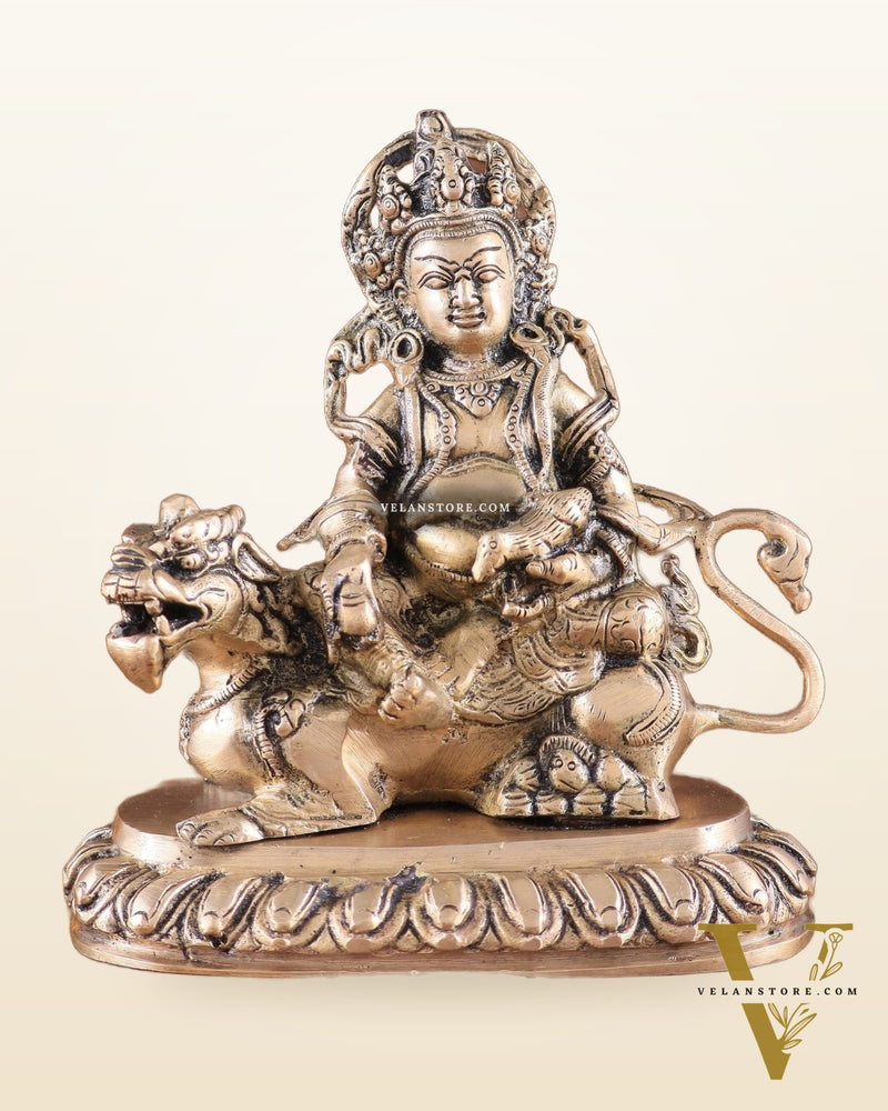 Pure Brass Superfine Lord Kubera Seated on a Lion Statue 7"