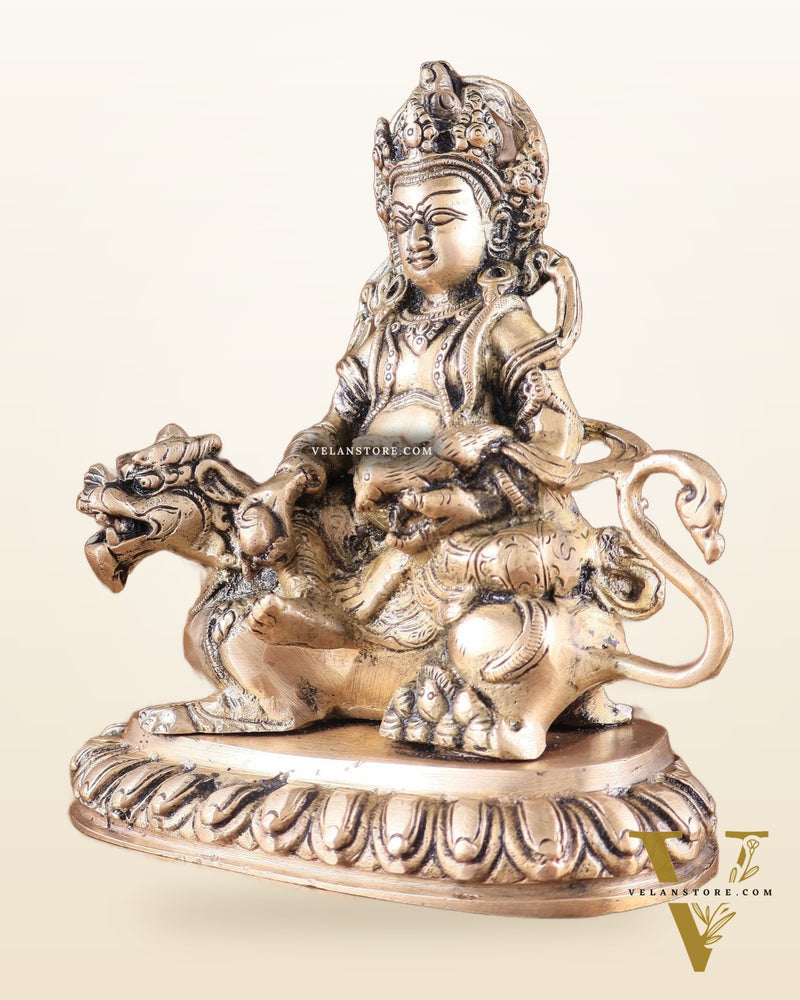 Pure Brass Superfine Lord Kubera Seated on a Lion Statue 7"