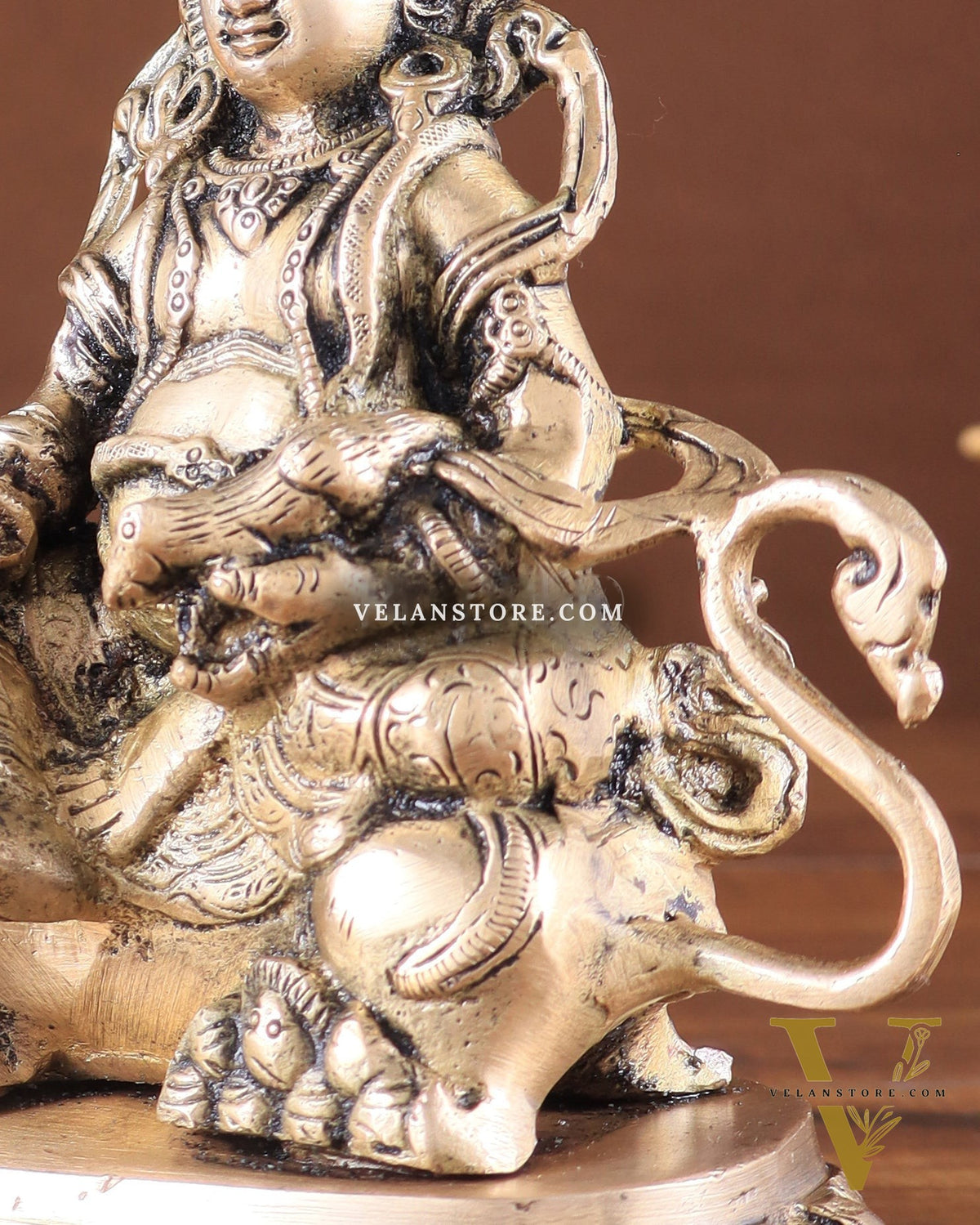 Pure Brass Superfine Lord Kubera Seated on a Lion Statue 7"