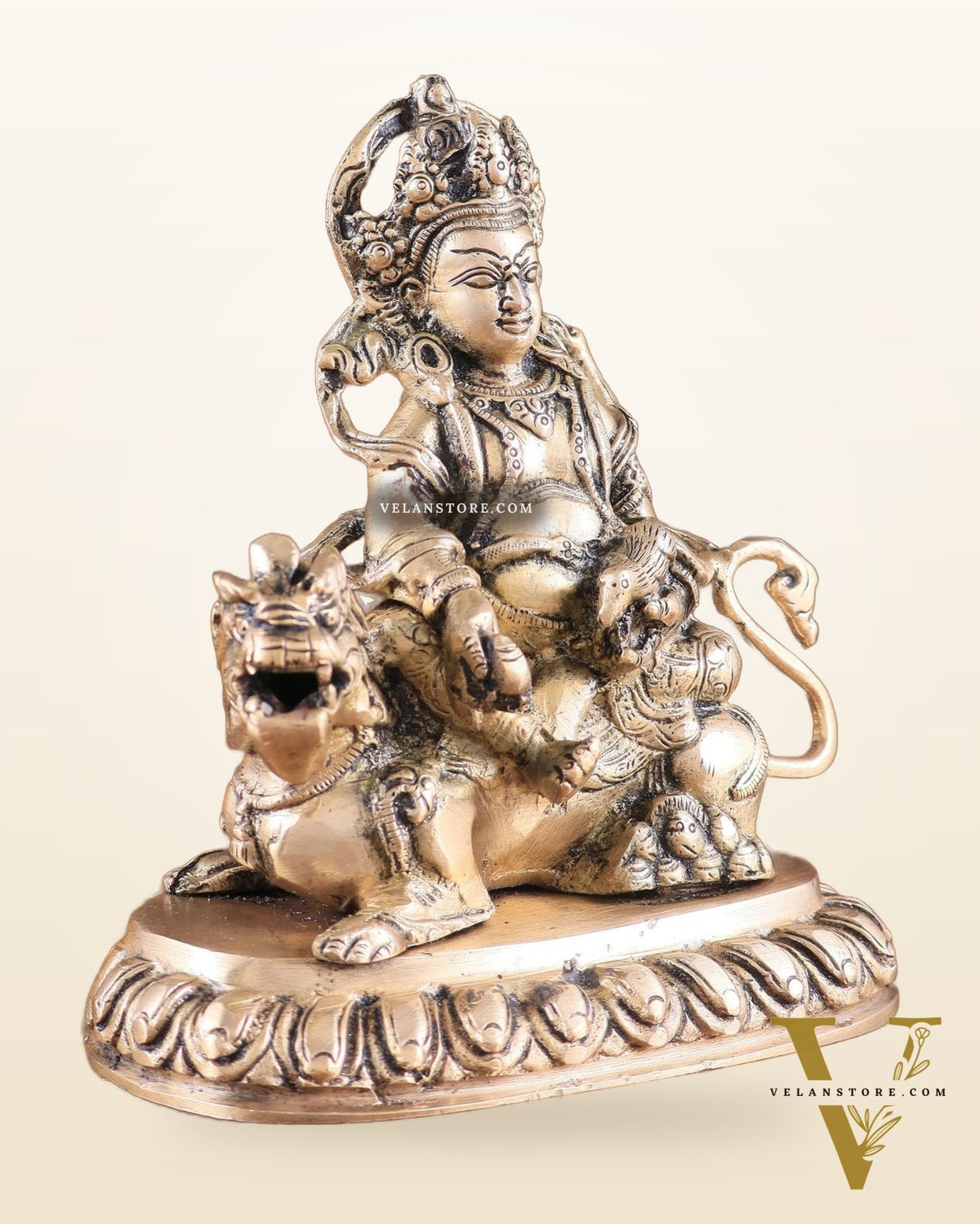 Pure Brass Superfine Lord Kubera Seated on a Lion Statue 7"