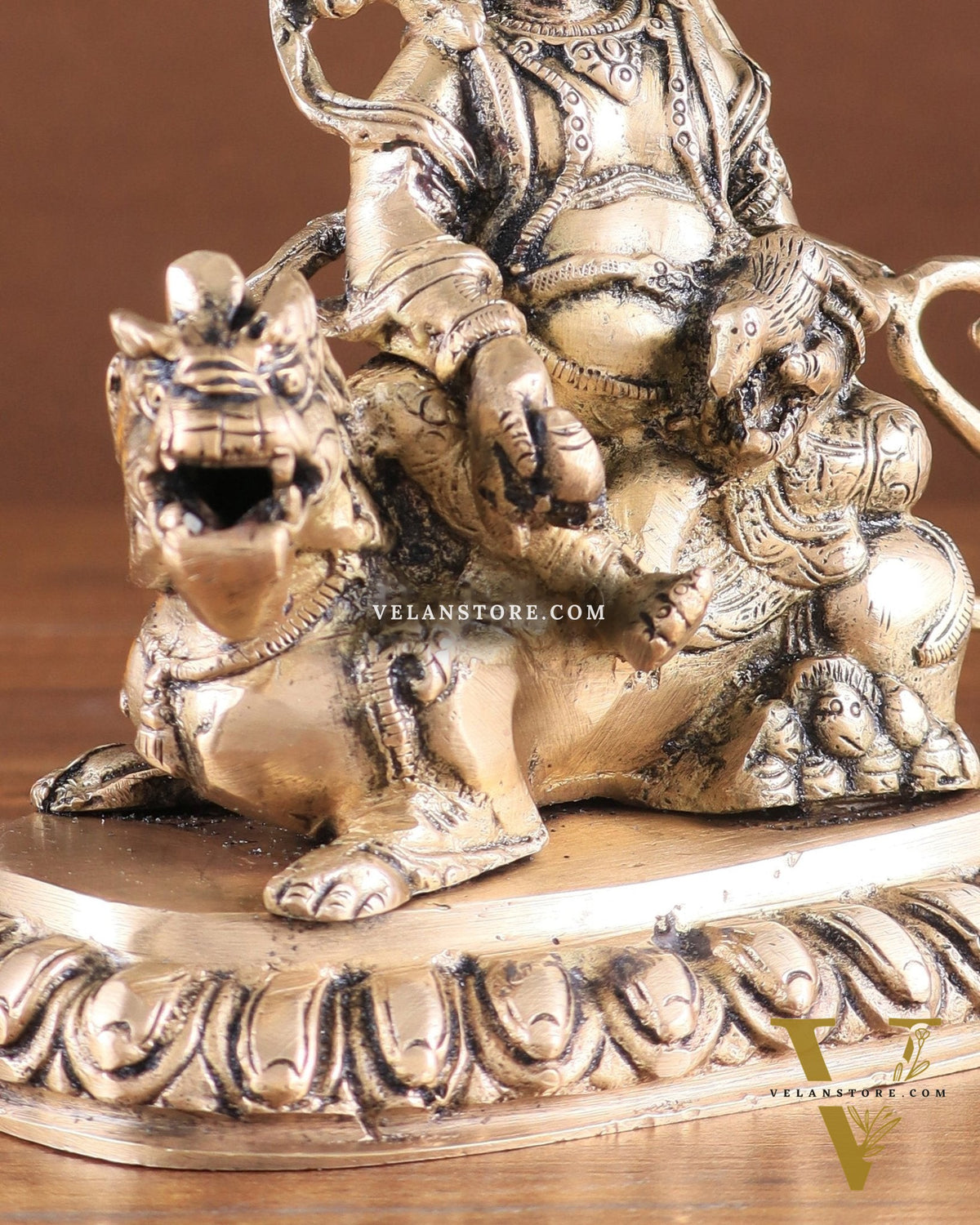 Pure Brass Superfine Lord Kubera Seated on a Lion Statue 7"