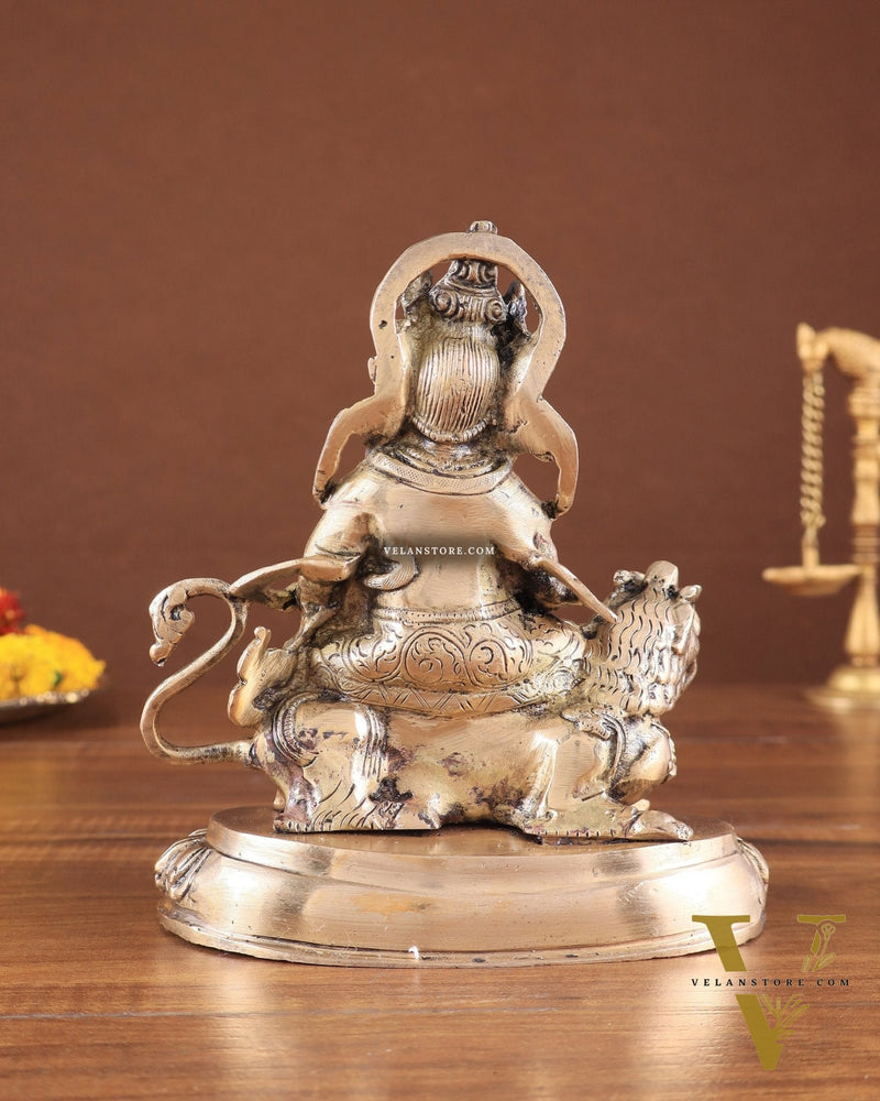 Pure Brass Superfine Lord Kubera Seated on a Lion Statue 7"