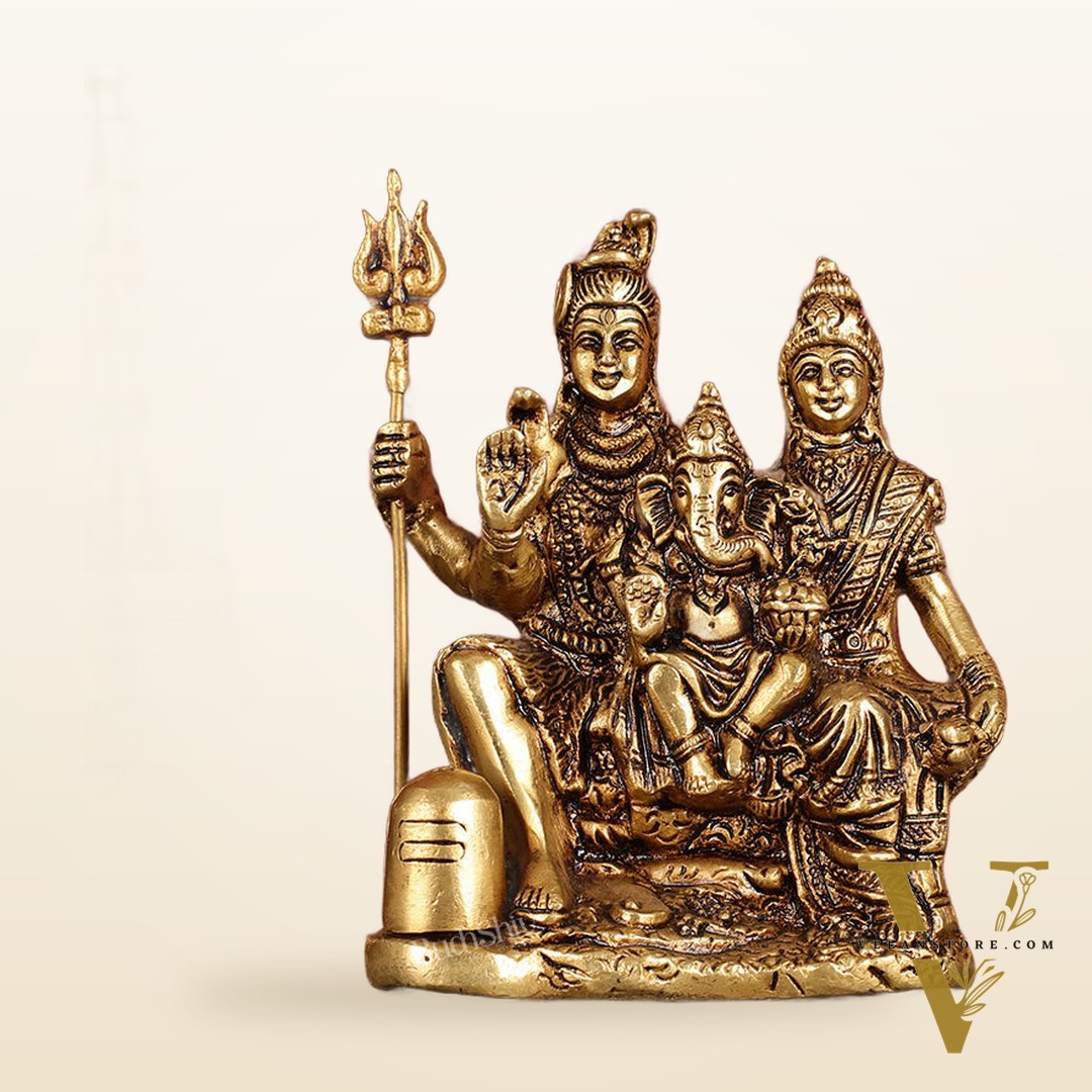 Pure brass superfine Lord Shiva, Parvati and Ganesha idol 5.5"