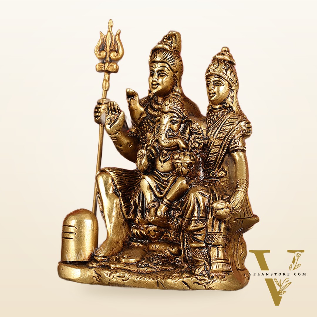 Pure brass superfine Lord Shiva, Parvati and Ganesha idol 5.5"