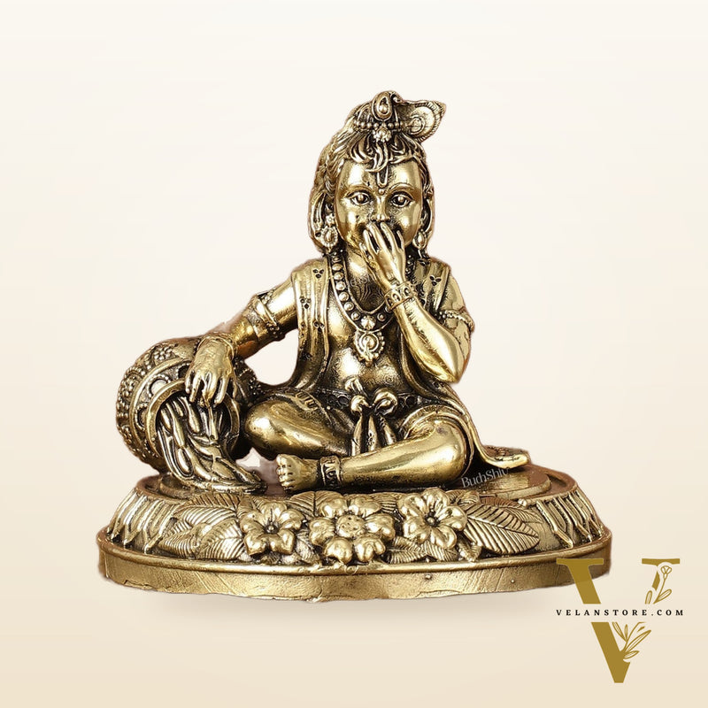 Pure Brass Superfine Makhan Chor Baal Krishna Idol - 3" Tall