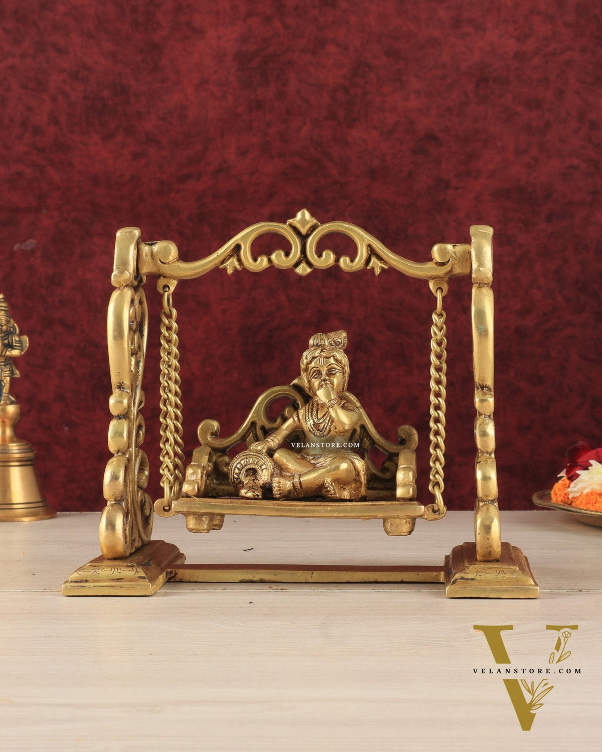 Pure Brass superfine Makhan Chor Bal Krishna on Swing Idol - 7" Height