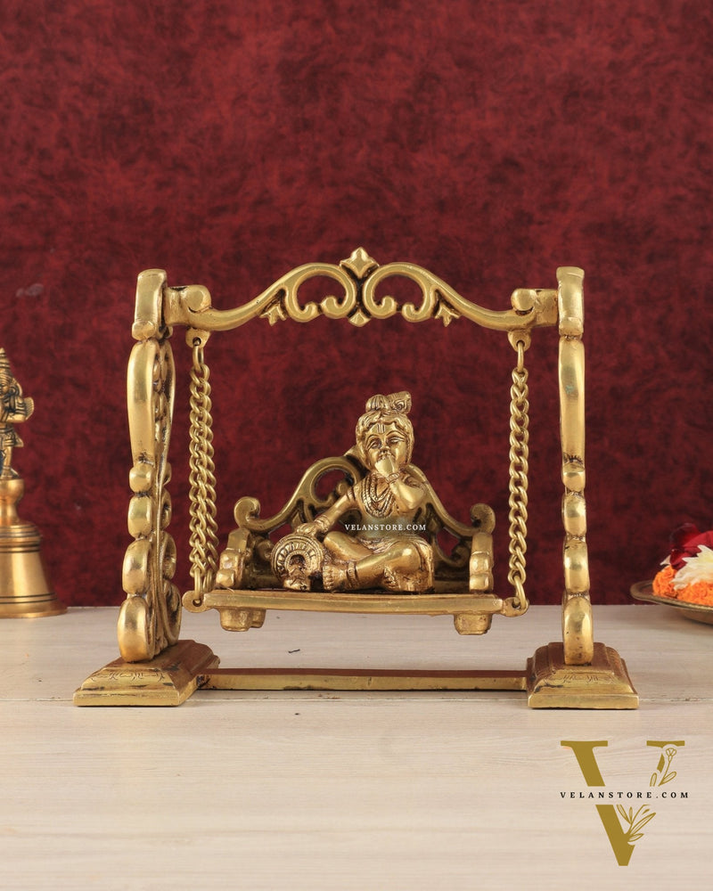 Pure Brass superfine Makhan Chor Bal Krishna on Swing Idol - 7" Height