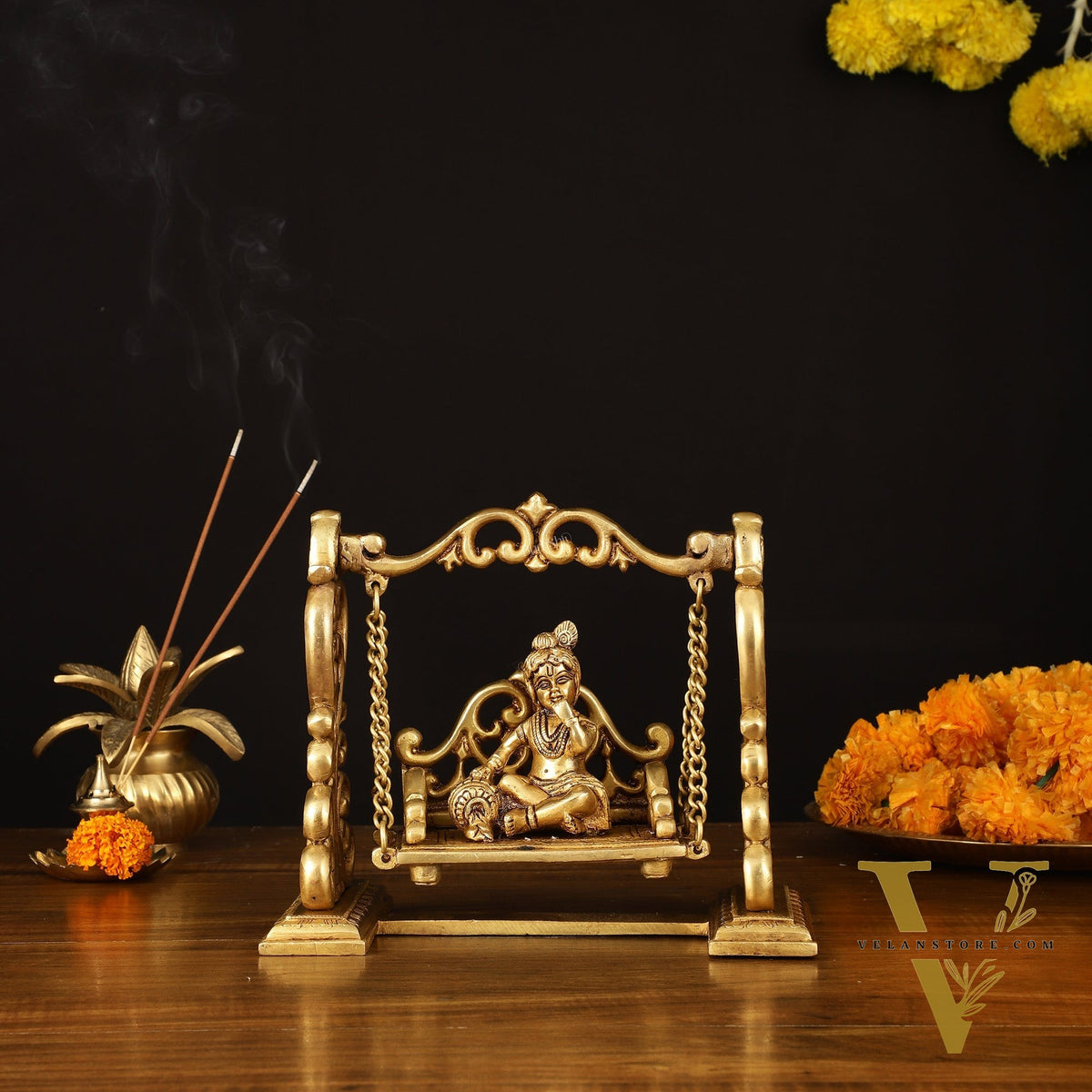 Pure Brass superfine  Makhan Chor Bal Krishna on Swing Idol - 7" Height