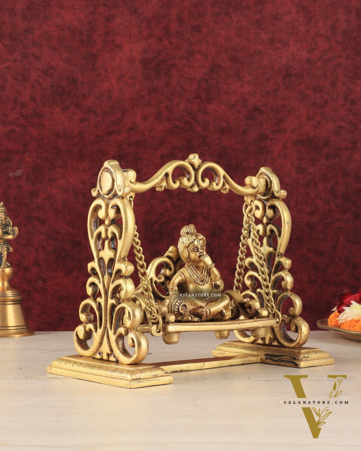 Pure Brass superfine Makhan Chor Bal Krishna on Swing Idol - 7" Height