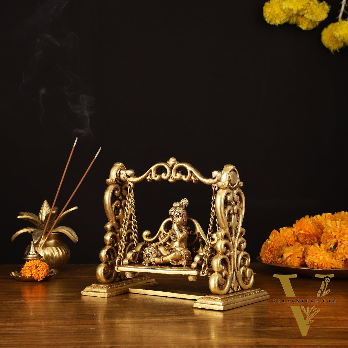 Pure Brass superfine  Makhan Chor Bal Krishna on Swing Idol - 7" Height