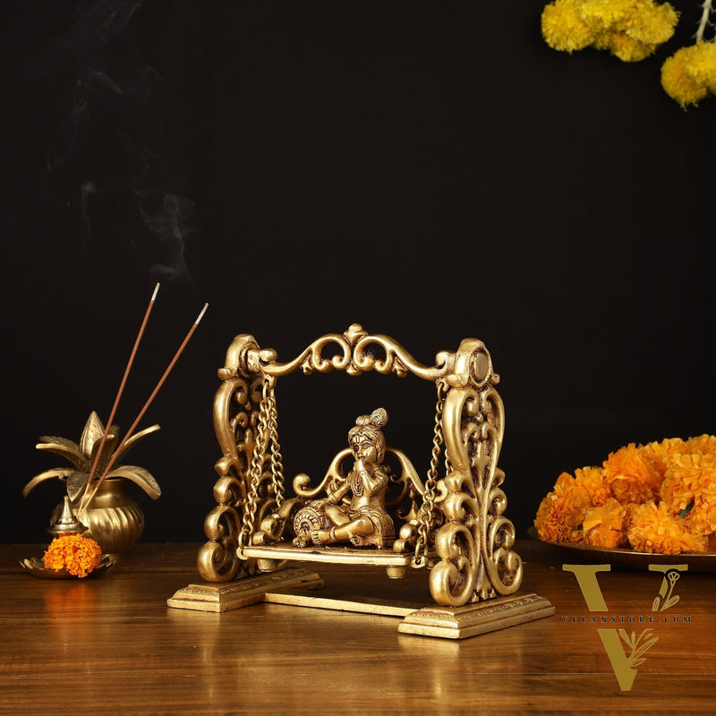 Pure Brass superfine  Makhan Chor Bal Krishna on Swing Idol - 7" Height