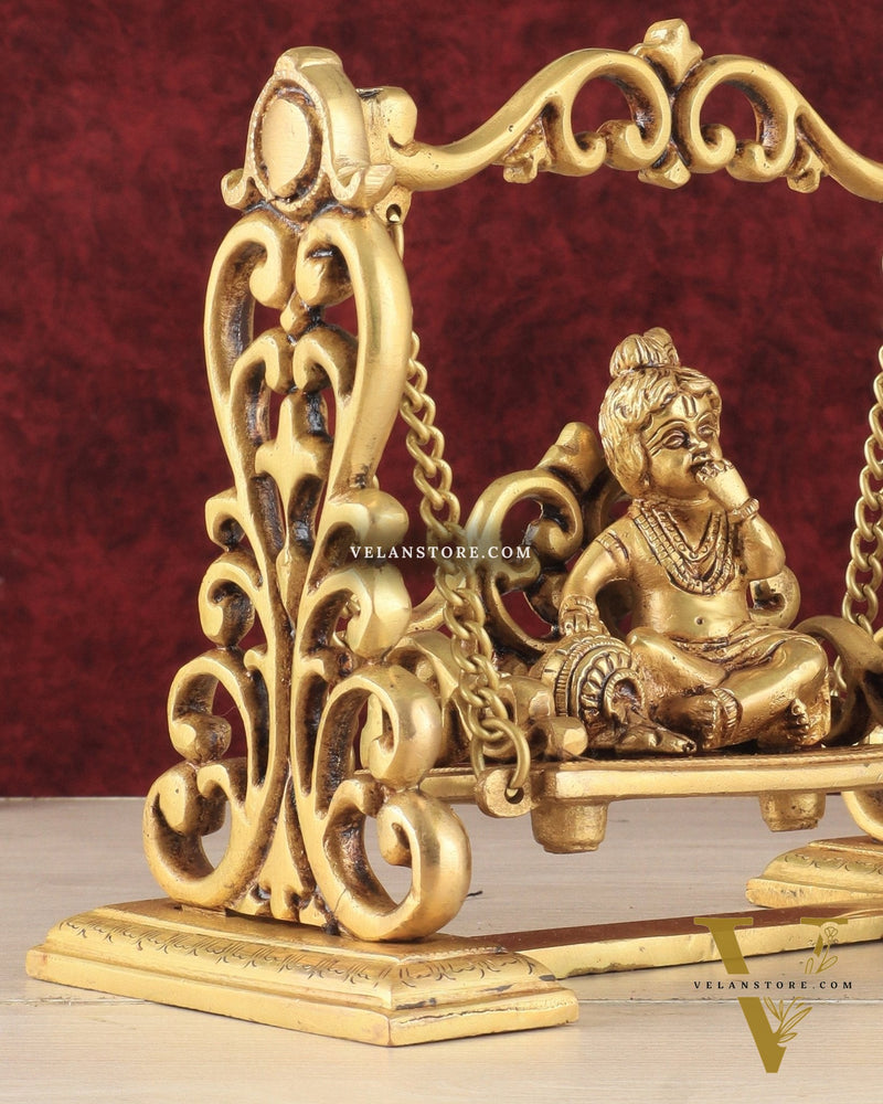 Pure Brass superfine Makhan Chor Bal Krishna on Swing Idol - 7" Height