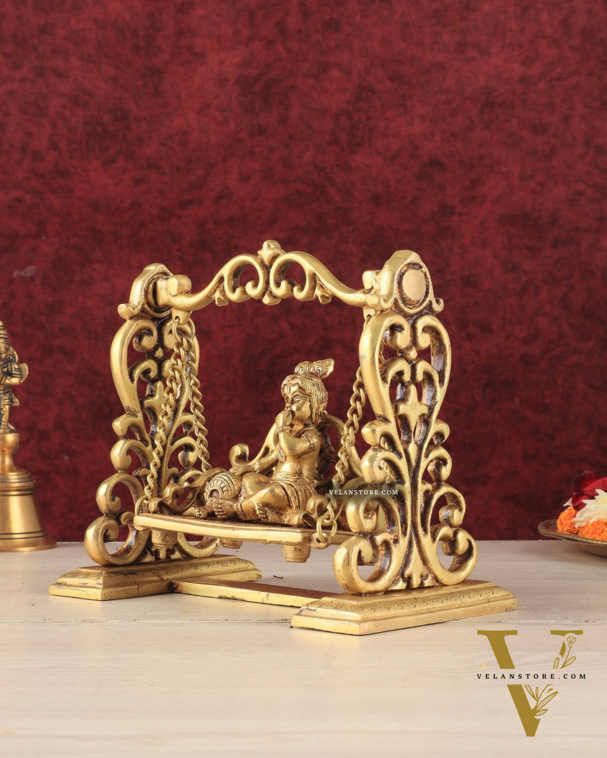 Pure Brass superfine Makhan Chor Bal Krishna on Swing Idol - 7" Height