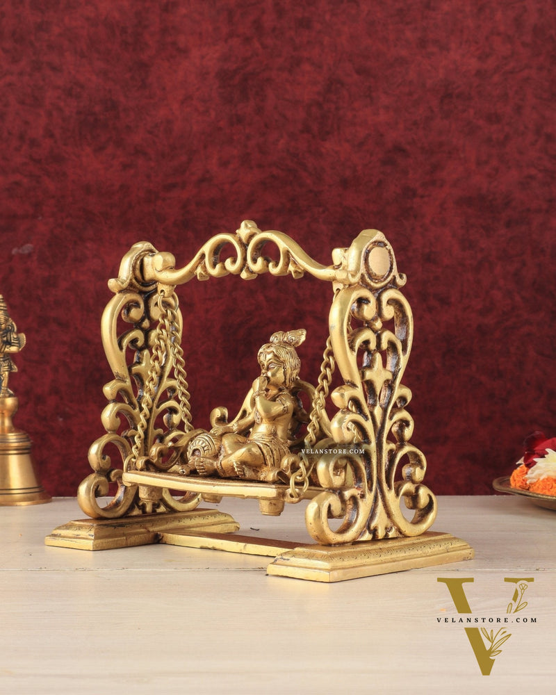Pure Brass superfine Makhan Chor Bal Krishna on Swing Idol - 7" Height