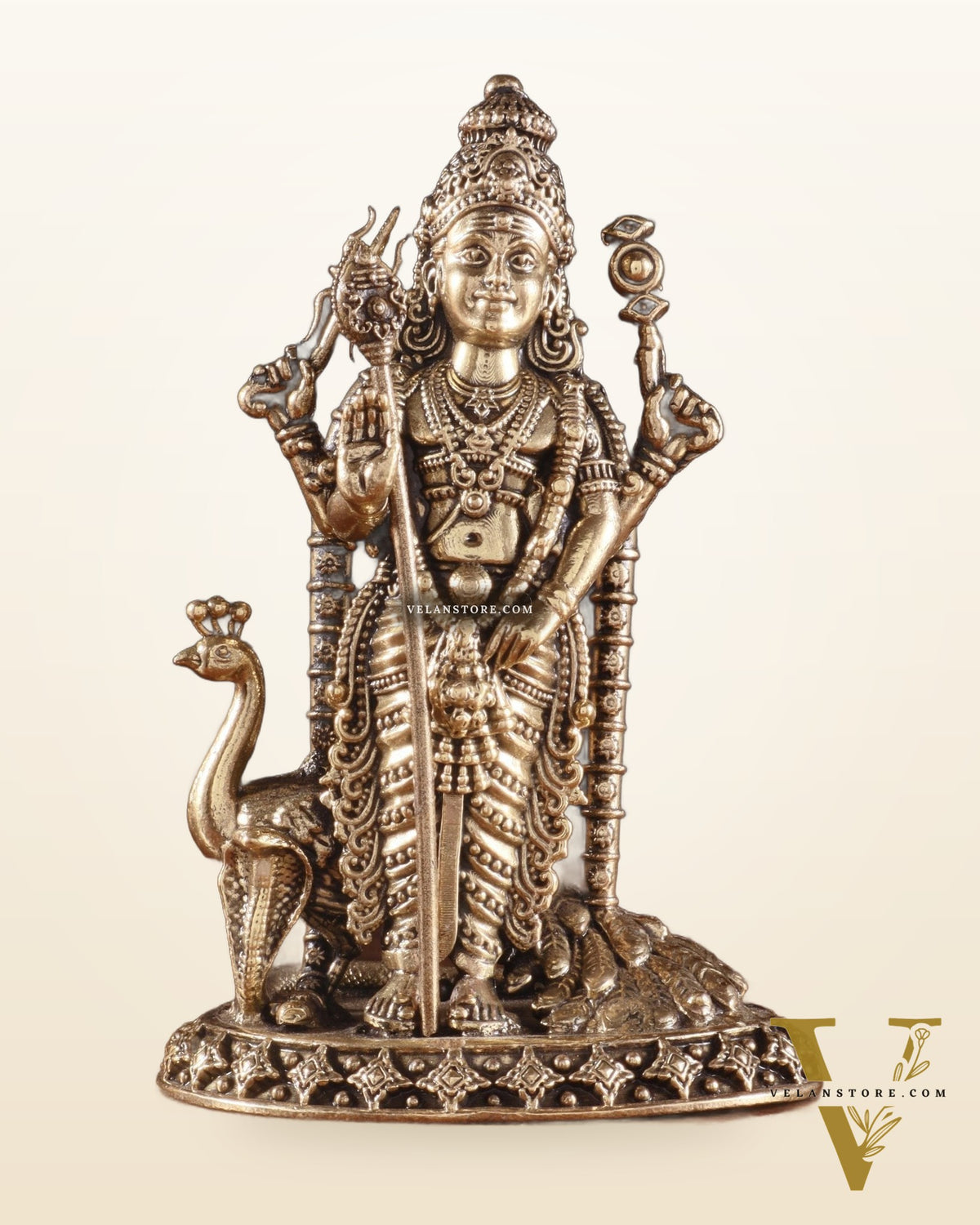 Pure Brass Superfine Murugan with Peacock & Snake Idol – 4 Inch