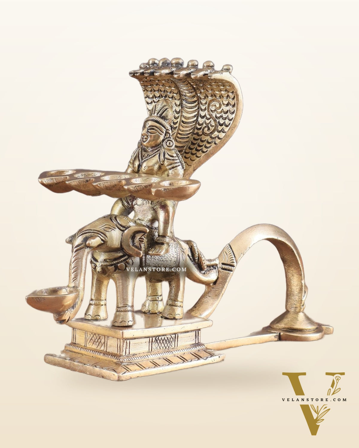 Pure Brass Superfine Naag Kanya Sitting on an Elephant Aarti Diya – Rare Find 6"