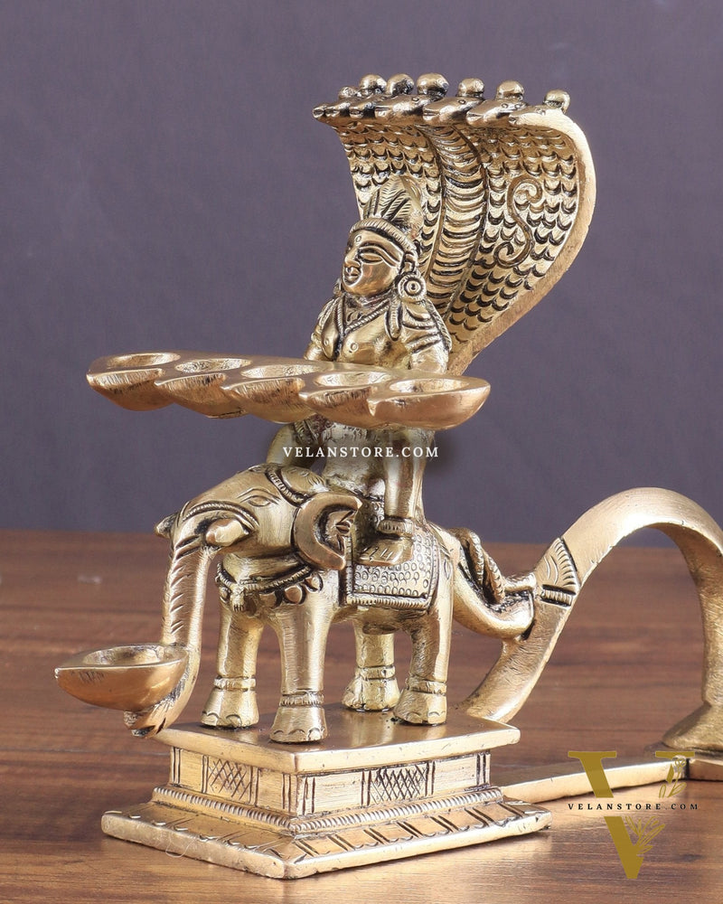 Pure Brass Superfine Naag Kanya Sitting on an Elephant Aarti Diya – Rare Find 6"