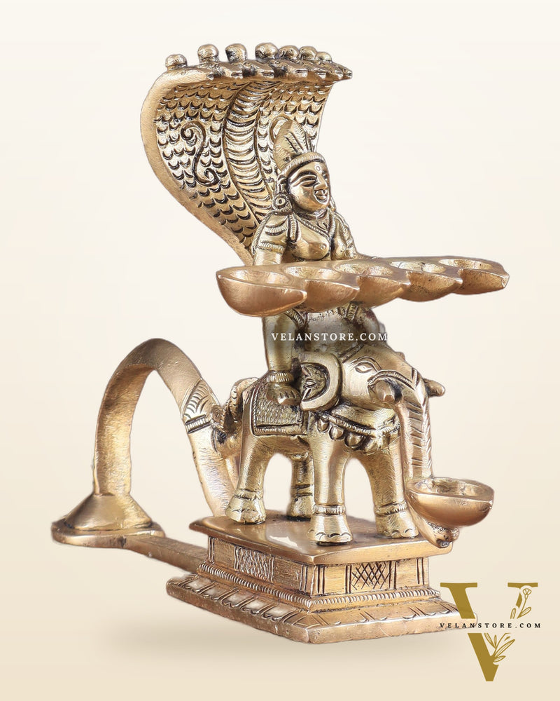Pure Brass Superfine Naag Kanya Sitting on an Elephant Aarti Diya – Rare Find 6"
