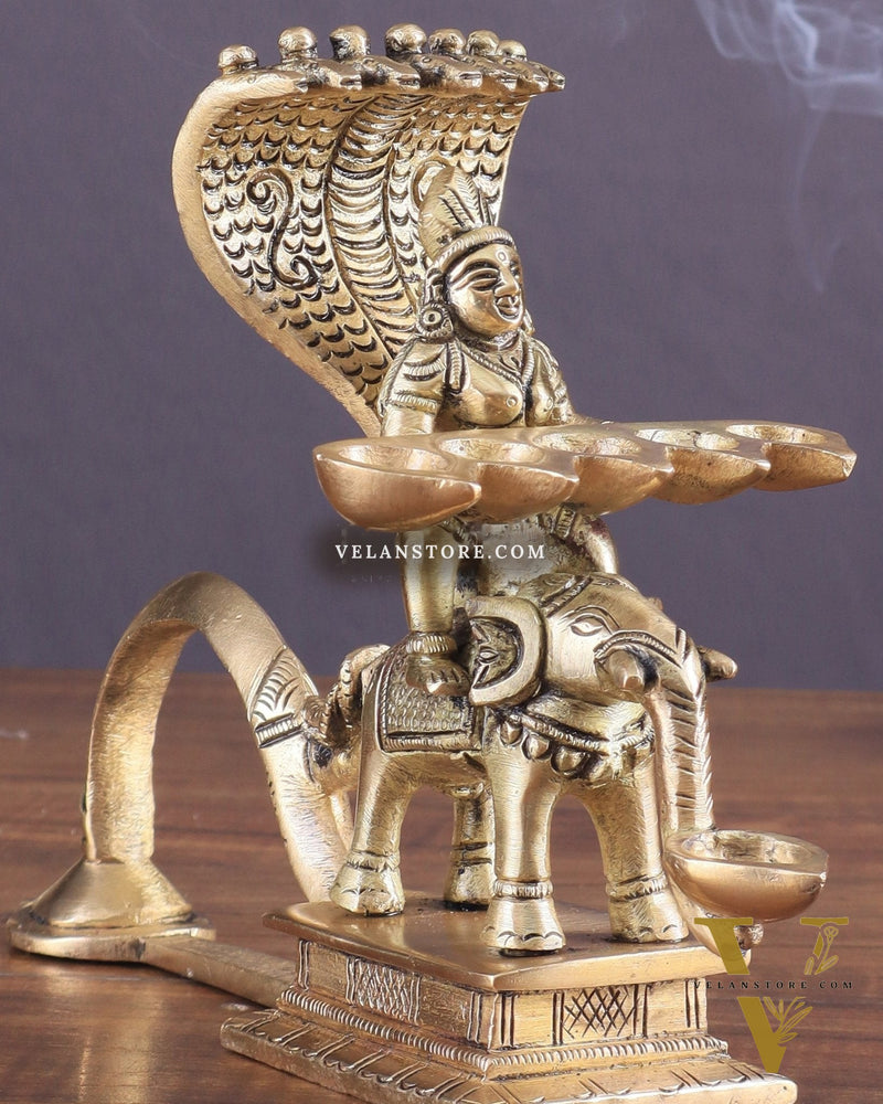 Pure Brass Superfine Naag Kanya Sitting on an Elephant Aarti Diya – Rare Find 6"