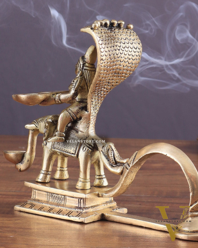 Pure Brass Superfine Naag Kanya Sitting on an Elephant Aarti Diya – Rare Find 6"
