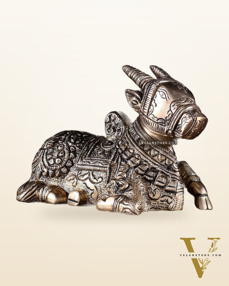 Pure Brass Superfine Nandi Idol – Fully Engraved Sacred Bull of Shiva 7"