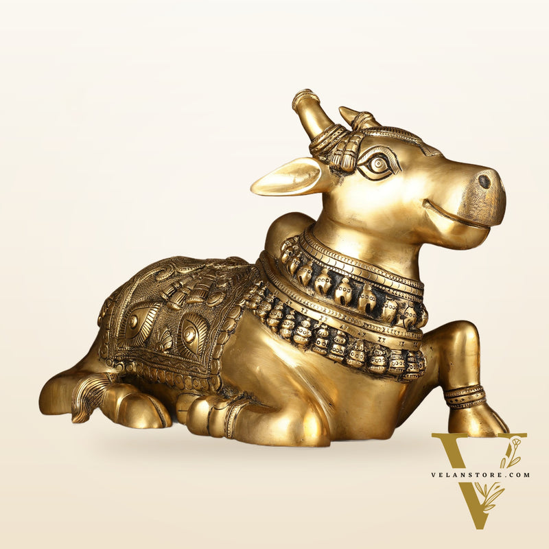 Pure Brass Superfine Nandi Statue with Enhanced Carvings - 16"