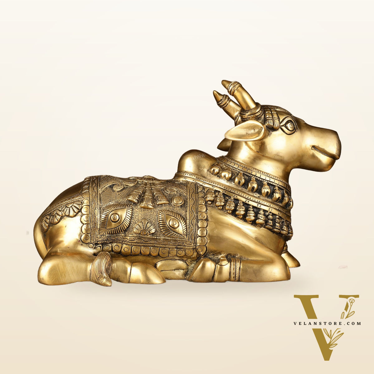Pure Brass Superfine Nandi Statue with Enhanced Carvings - 16"