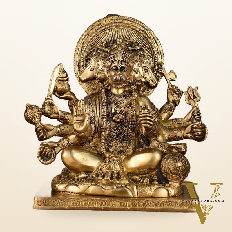 Pure Brass Superfine Panchmukhi Hanuman Blessing Statue - 10 inch antique finish