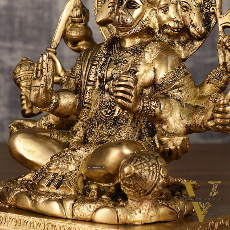 Pure Brass Superfine Panchmukhi Hanuman Blessing Statue - 10 inch antique finish