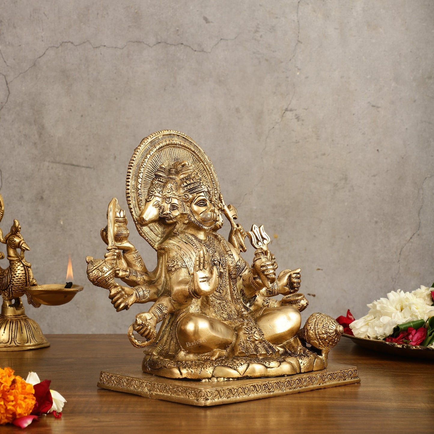 Pure Brass Superfine Panchmukhi Hanuman Blessing Statue - 10 inch