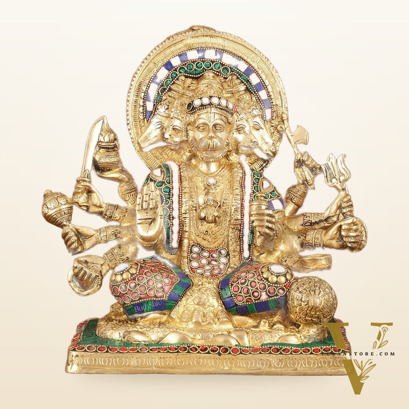 Pure Brass Superfine Panchmukhi Hanuman Blessing Statue with Multicolour Meenakari - 10"