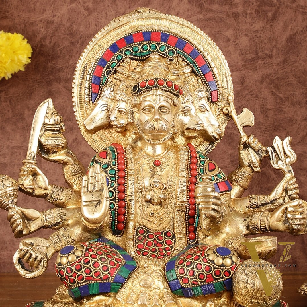 Pure Brass Superfine Panchmukhi Hanuman Blessing Statue with Multicolour Meenakari - 10"
