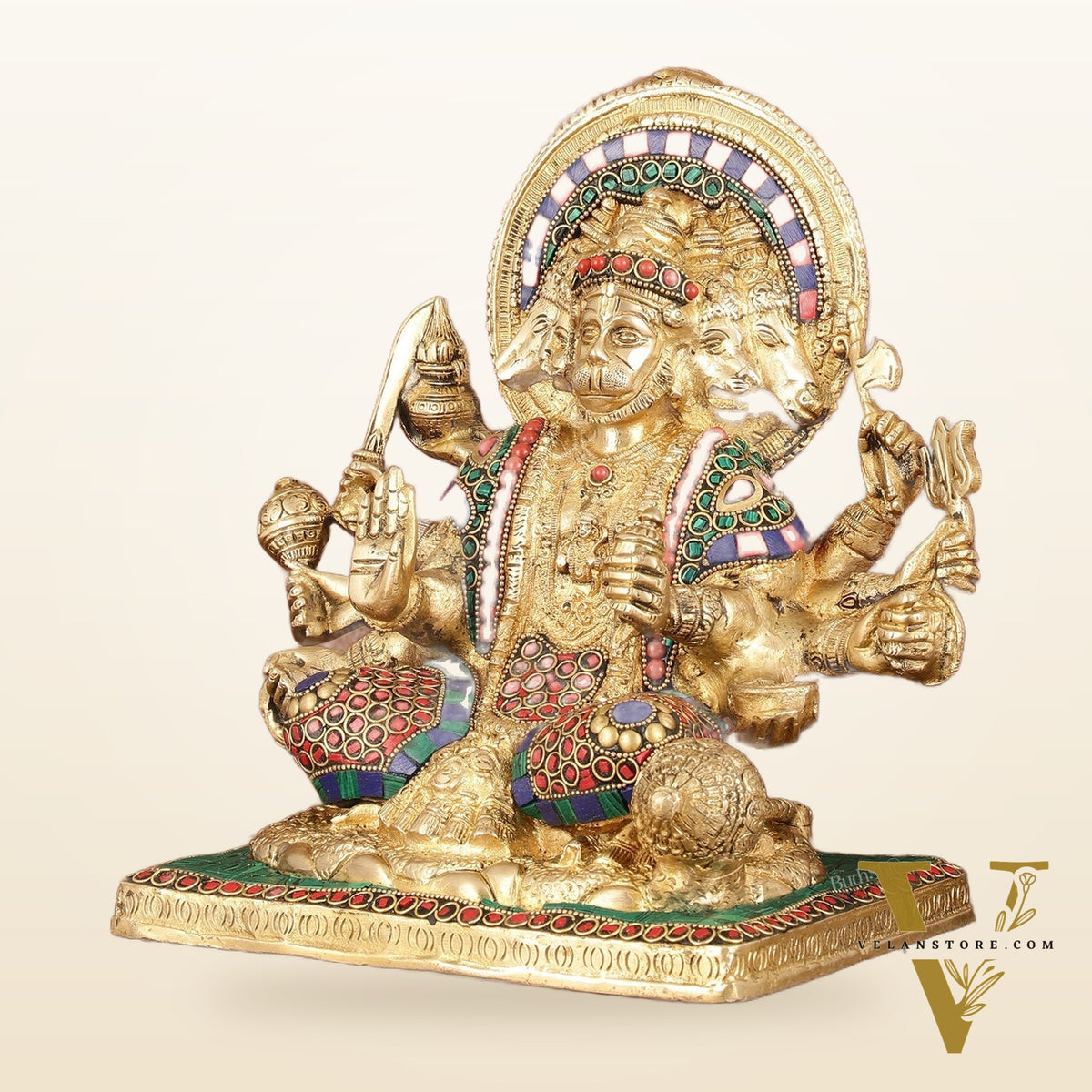 Pure Brass Superfine Panchmukhi Hanuman Blessing Statue with Multicolour Meenakari - 10"