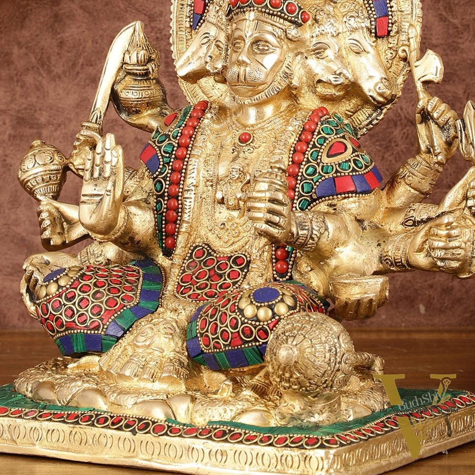 Pure Brass Superfine Panchmukhi Hanuman Blessing Statue with Multicolour Meenakari - 10"