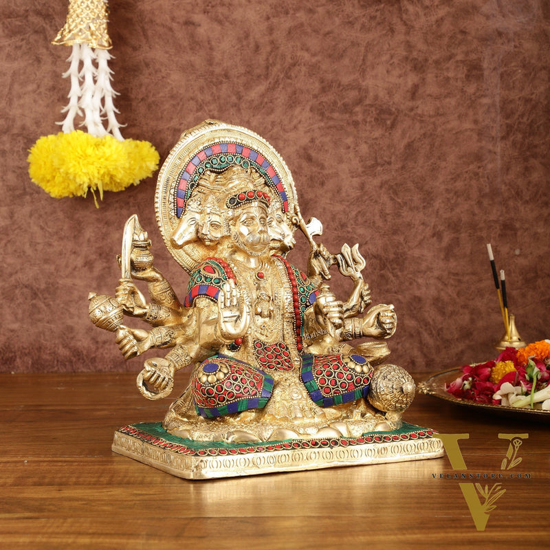 Pure Brass Superfine Panchmukhi Hanuman Blessing Statue with Multicolour Meenakari - 10"