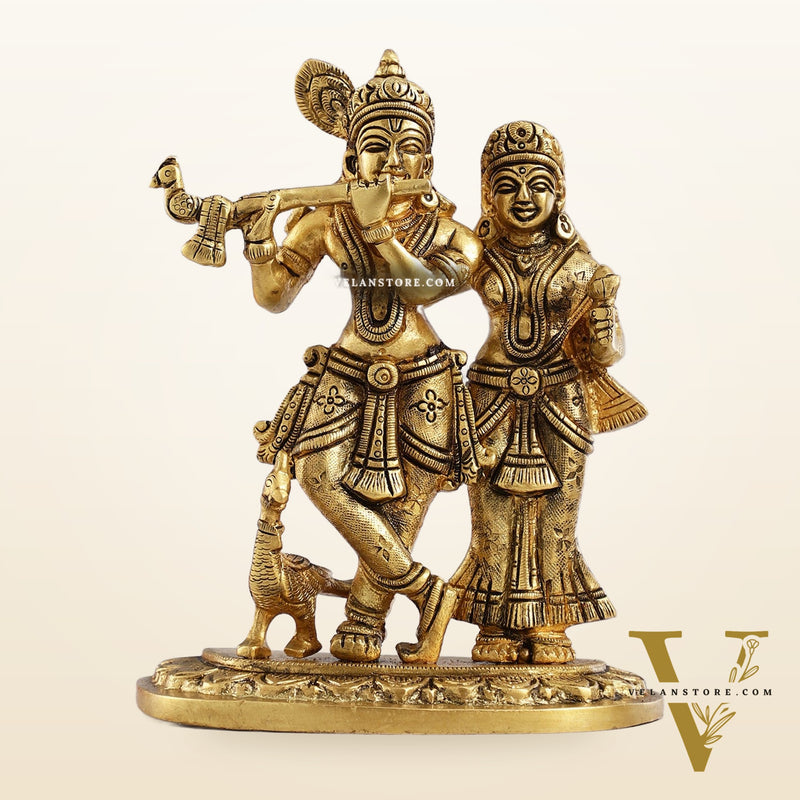 Pure Brass Superfine Radha Krishna Idol with Peacock 7 inch