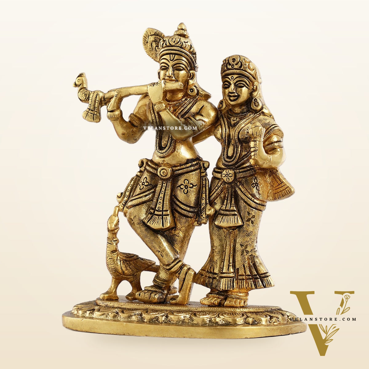 Pure Brass Superfine Radha Krishna Idol with Peacock 7 inch