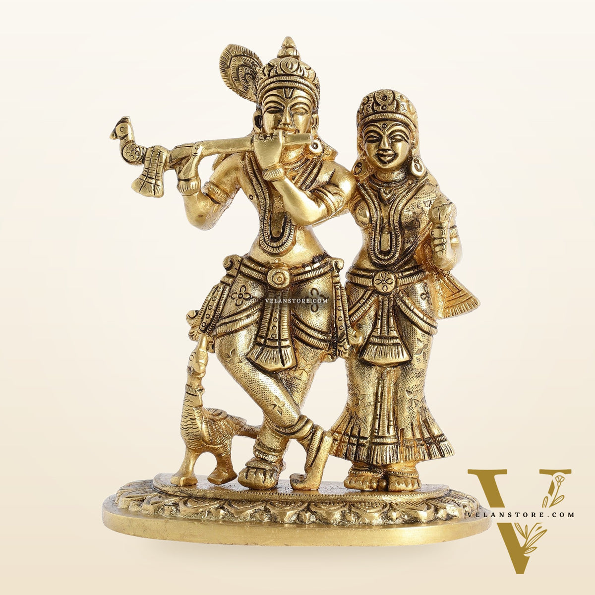 Pure Brass Superfine Radha Krishna Idol with Peacock 7 inch