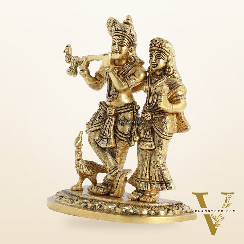 Pure Brass Superfine Radha Krishna Idol with Peacock 7 inch