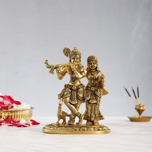Pure Brass Superfine Radha Krishna Idol with Peacock 7 inch