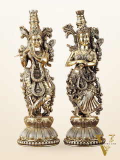Pure Brass Superfine Radha Krishna Idols - Intricately Carved - 11" Tall