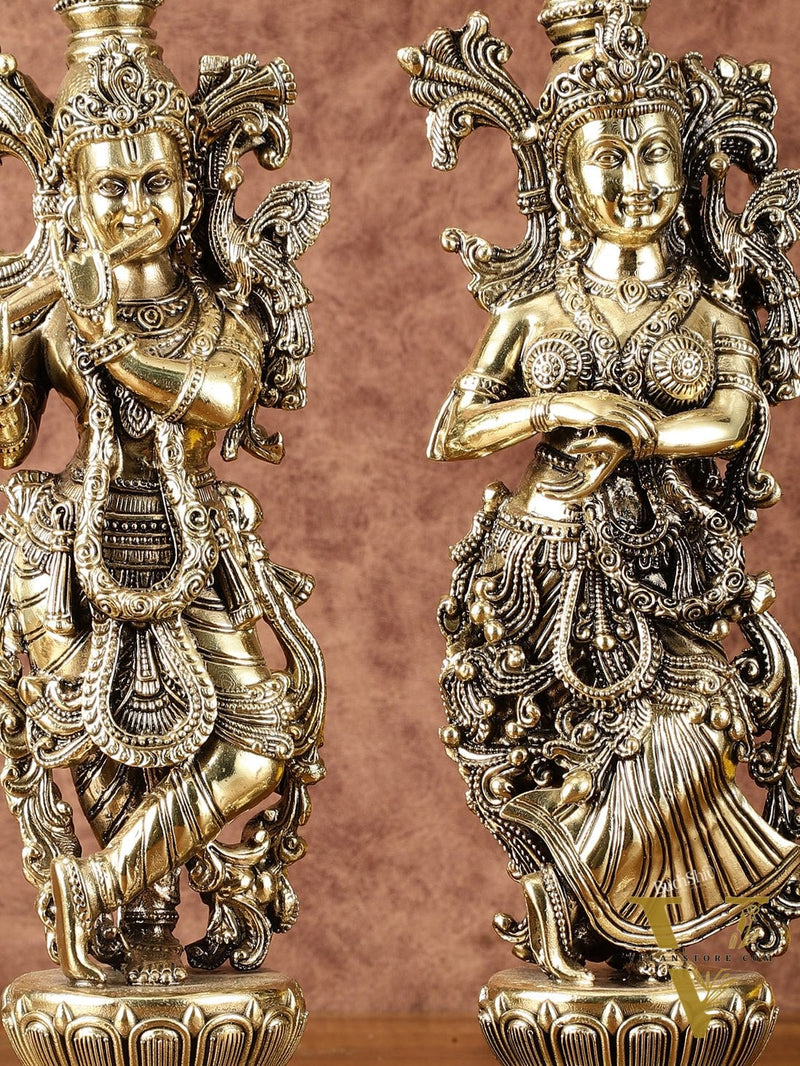 Pure Brass Superfine Radha Krishna Idols - Intricately Carved - 11" Tall