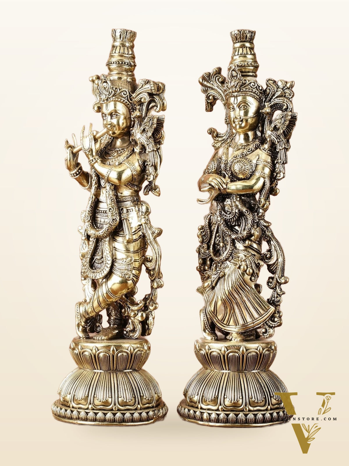 Pure Brass Superfine Radha Krishna Idols - Intricately Carved - 11" Tall