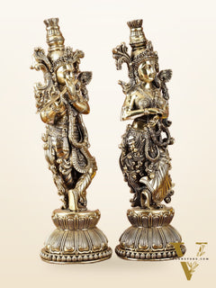 Pure Brass Superfine Radha Krishna Idols - Intricately Carved - 11" Tall