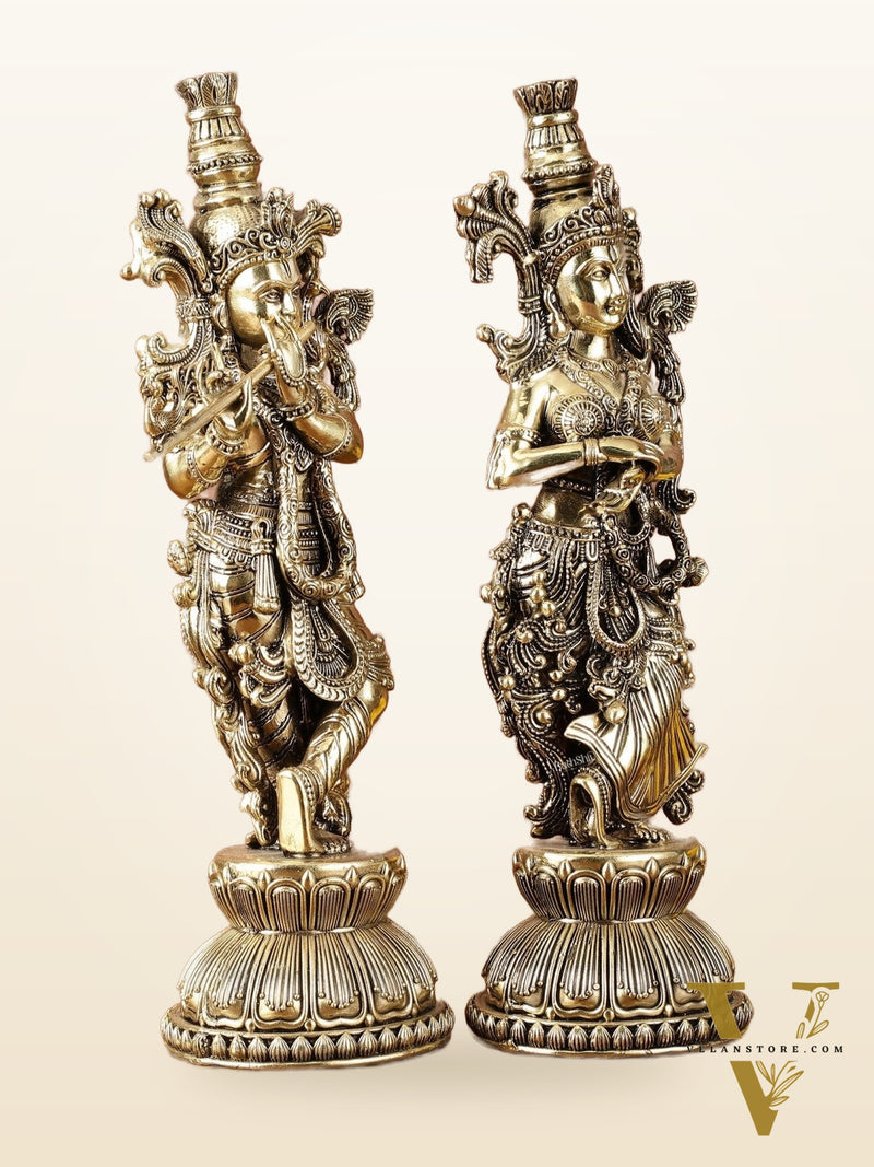 Pure Brass Superfine Radha Krishna Idols - Intricately Carved - 11" Tall