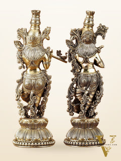 Pure Brass Superfine Radha Krishna Idols - Intricately Carved - 11" Tall