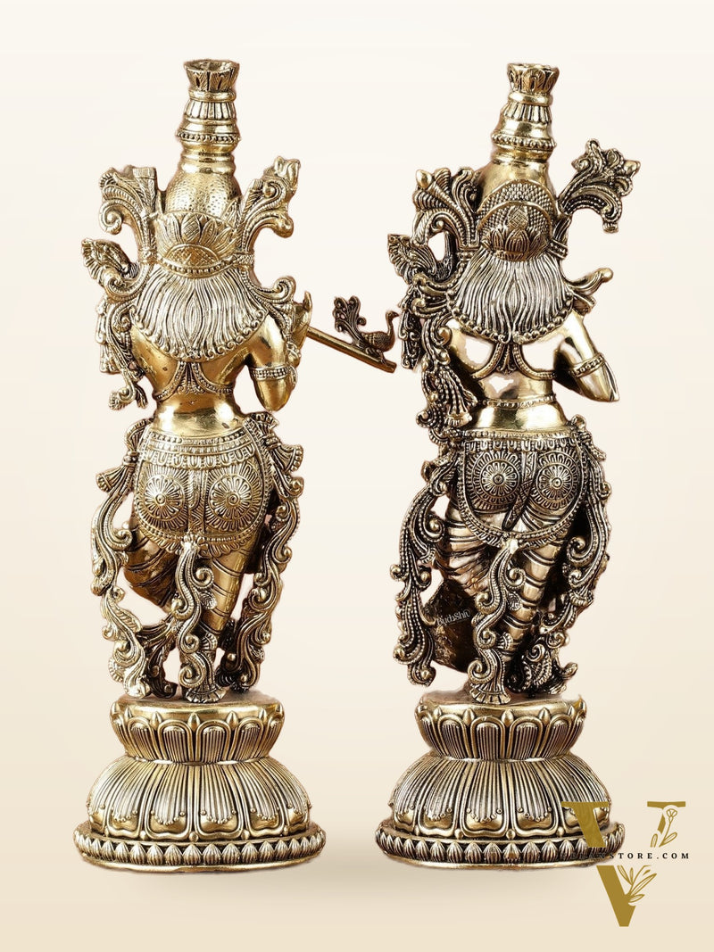 Pure Brass Superfine Radha Krishna Idols - Intricately Carved - 11" Tall