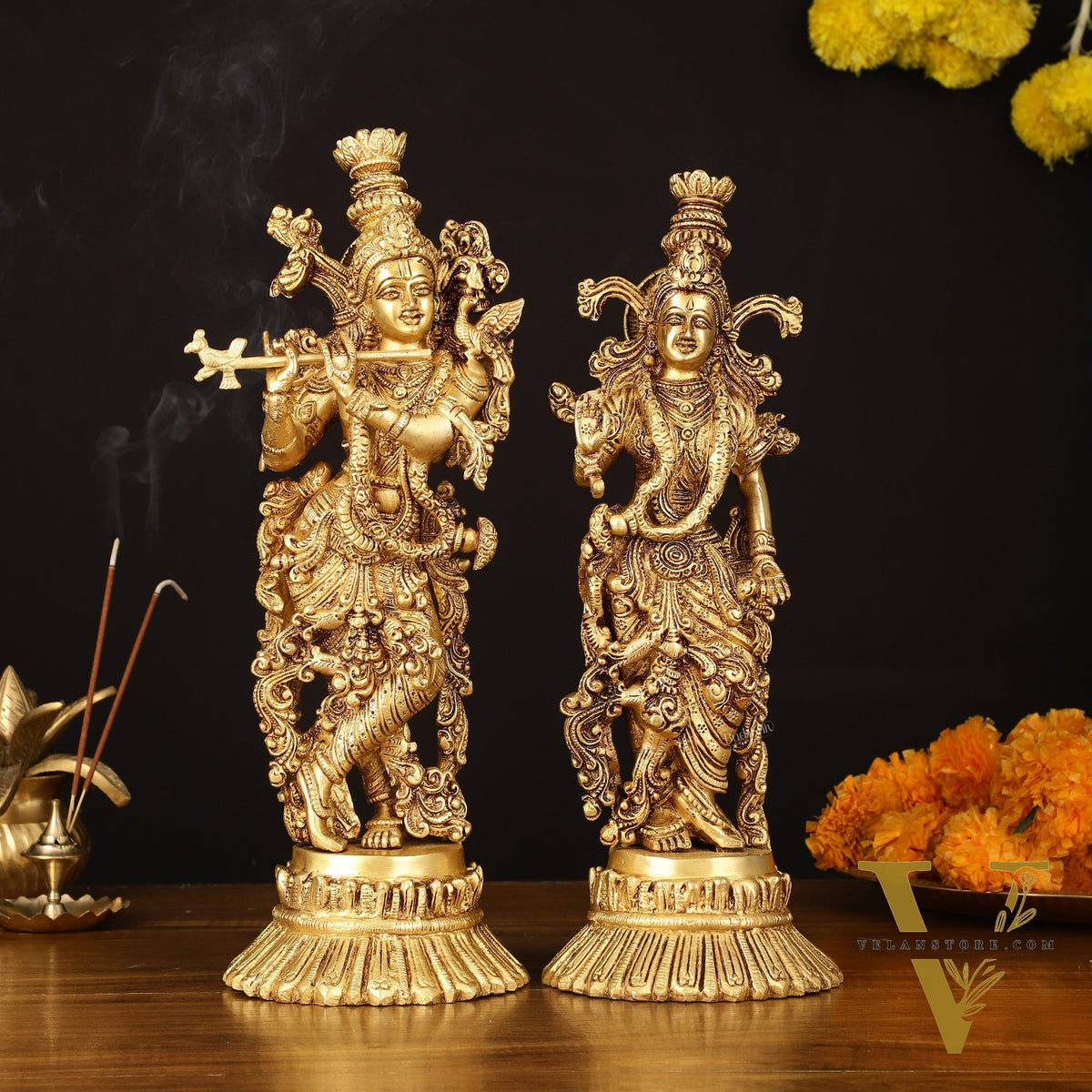 Pure Brass Superfine Radha Krishna Idols Pair on Lotus - 14" Elegant Sculpture