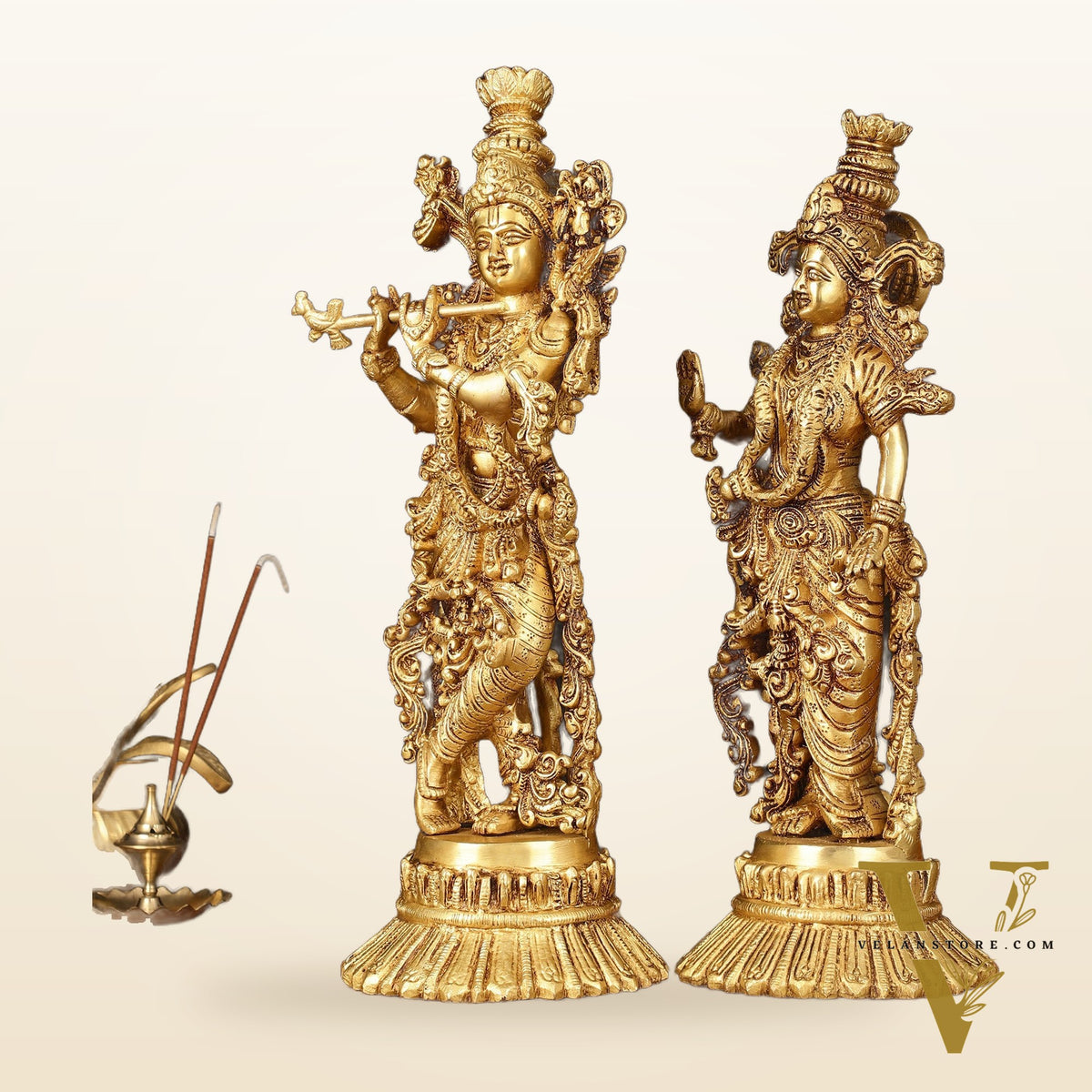 Pure Brass Superfine Radha Krishna Idols Pair on Lotus - 14" Elegant Sculpture